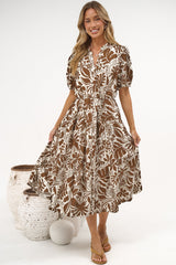 Andrea Midi Dress - Tiered Mandarin Collar Shirt Dress with Belt in Milos Print