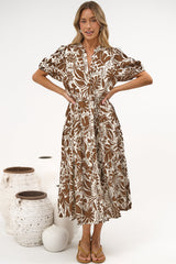 Andrea Midi Dress - Tiered Mandarin Collar Shirt Dress with Belt in Milos Print