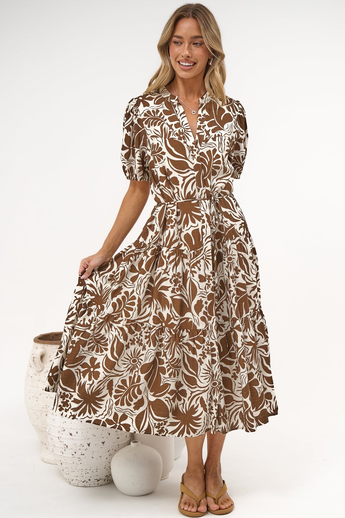 Andrea Midi Dress - Tiered Mandarin Collar Shirt Dress with Belt in Milos Print