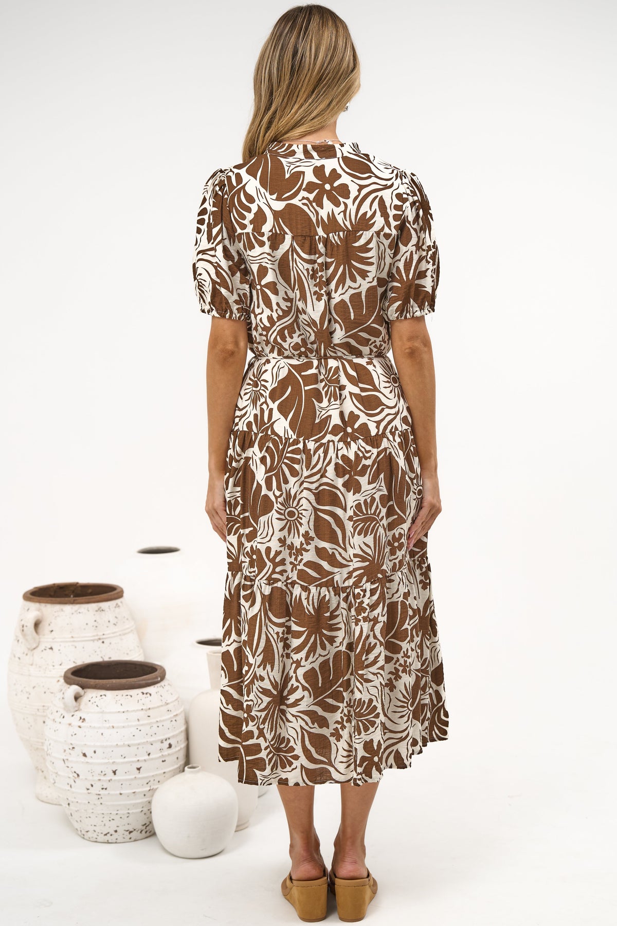 Andrea Midi Dress - Tiered Mandarin Collar Shirt Dress with Belt in Milos Print