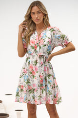 Yasmina Mini Dress - Split V Neckline Tiered Dress with Matching Waist Tie in Oleandra Print