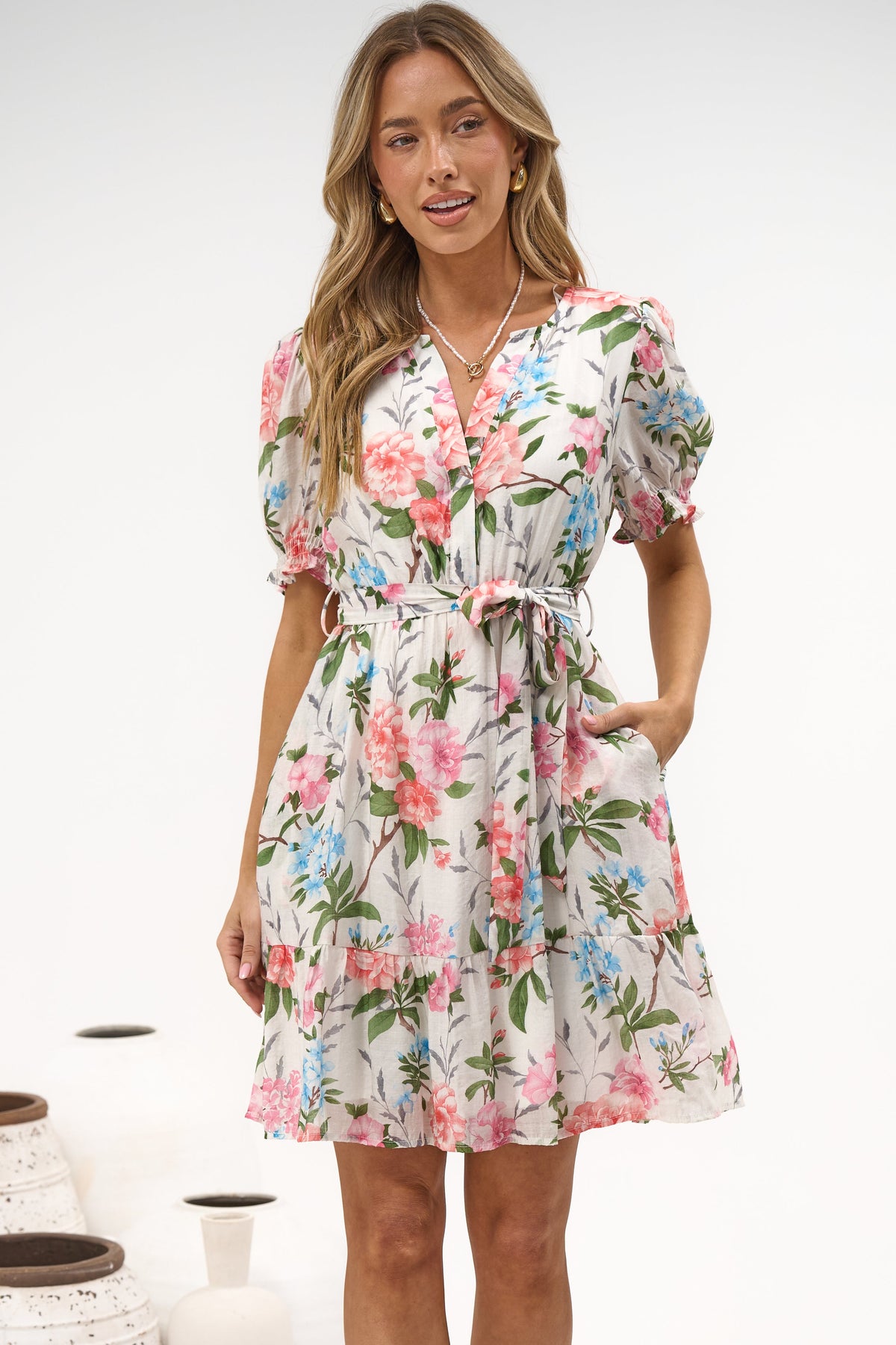 Yasmina Mini Dress - Split V Neckline Tiered Dress with Matching Waist Tie in Oleandra Print