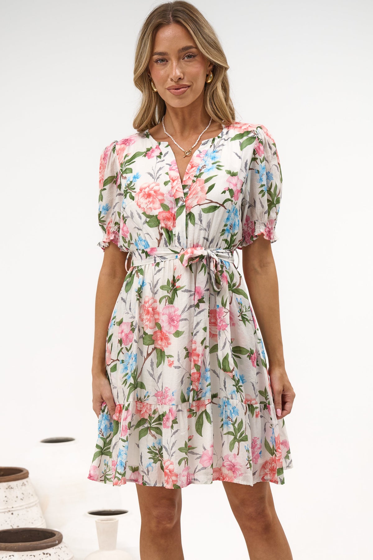 Yasmina Mini Dress - Split V Neckline Tiered Dress with Matching Waist Tie in Oleandra Print