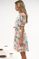 Yasmina Mini Dress - Split V Neckline Tiered Dress with Matching Waist Tie in Oleandra Print
