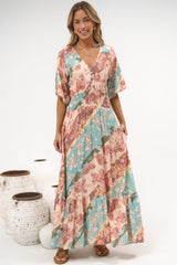 Jemina Maxi Dress - V-Neck Elasticated Waist A-Line Dress in Clavelle Print