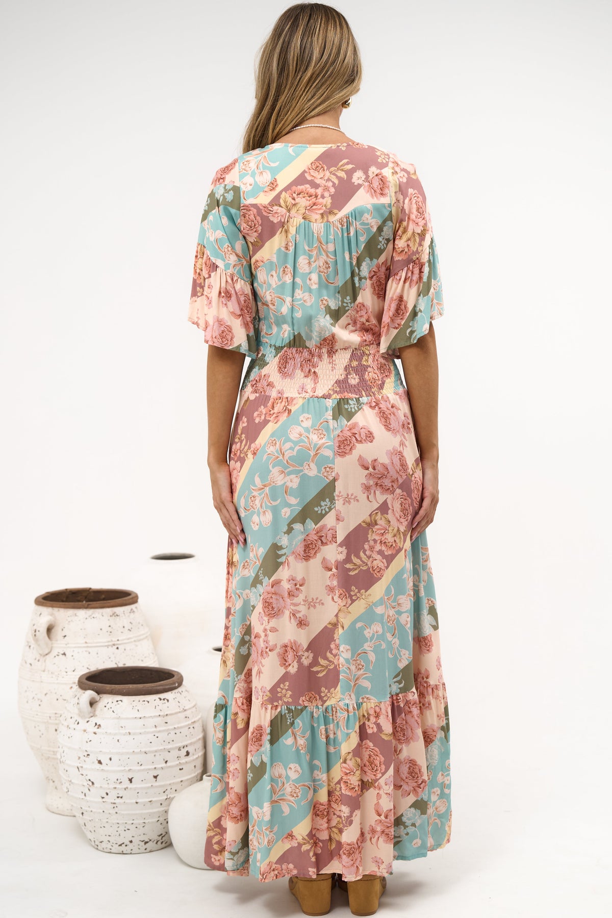 Jemina Maxi Dress - V-Neck Elasticated Waist A-Line Dress in Clavelle Print