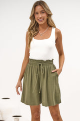 Aiden Shorts - High Waisted Longline Linen Shorts with Pockets in Khaki