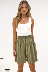 Aiden Shorts - High Waisted Longline Linen Shorts with Pockets in Khaki