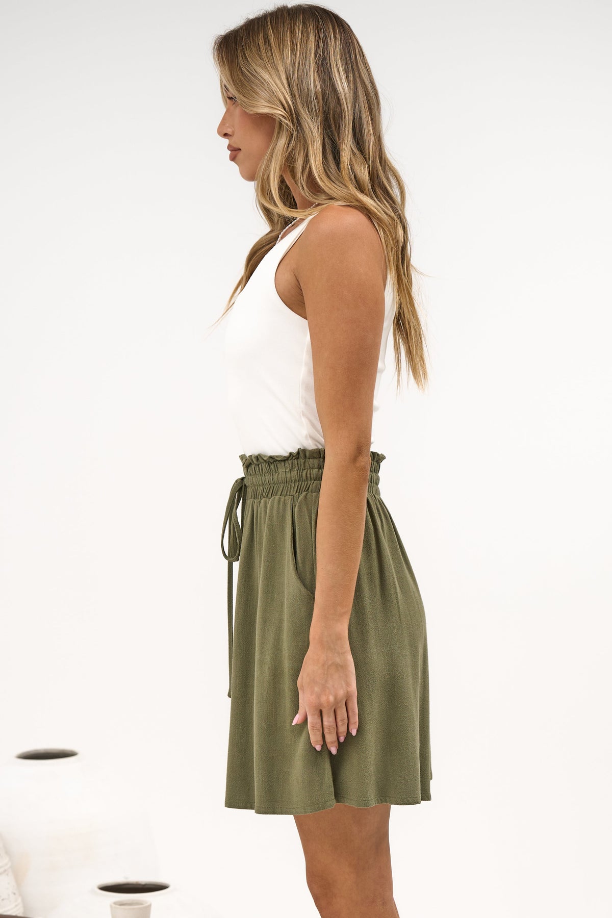 Aiden Shorts - High Waisted Longline Linen Shorts with Pockets in Khaki