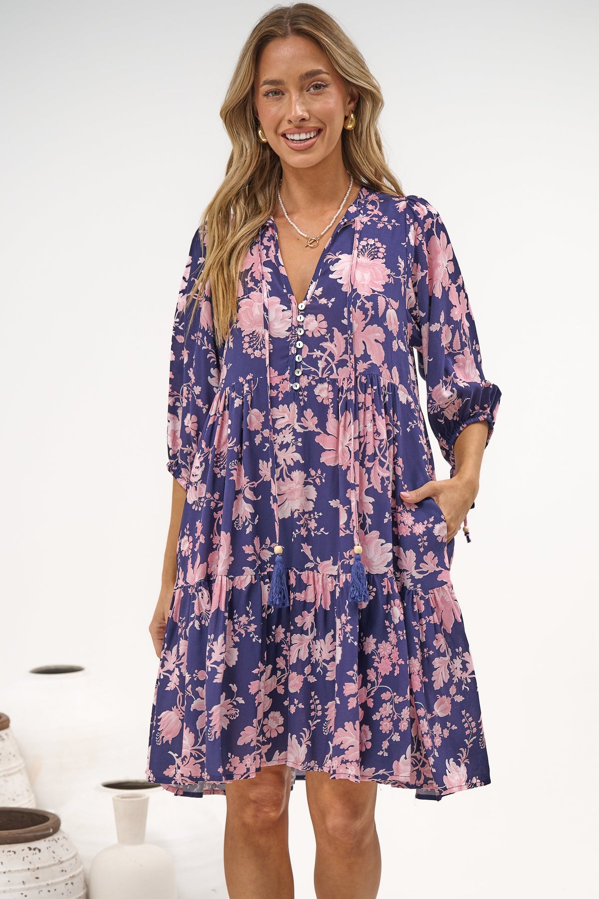 Marah Mini Dress - Mandarin Collar Short Sleeve with Tie Smock Dress in Hollis Print Navy