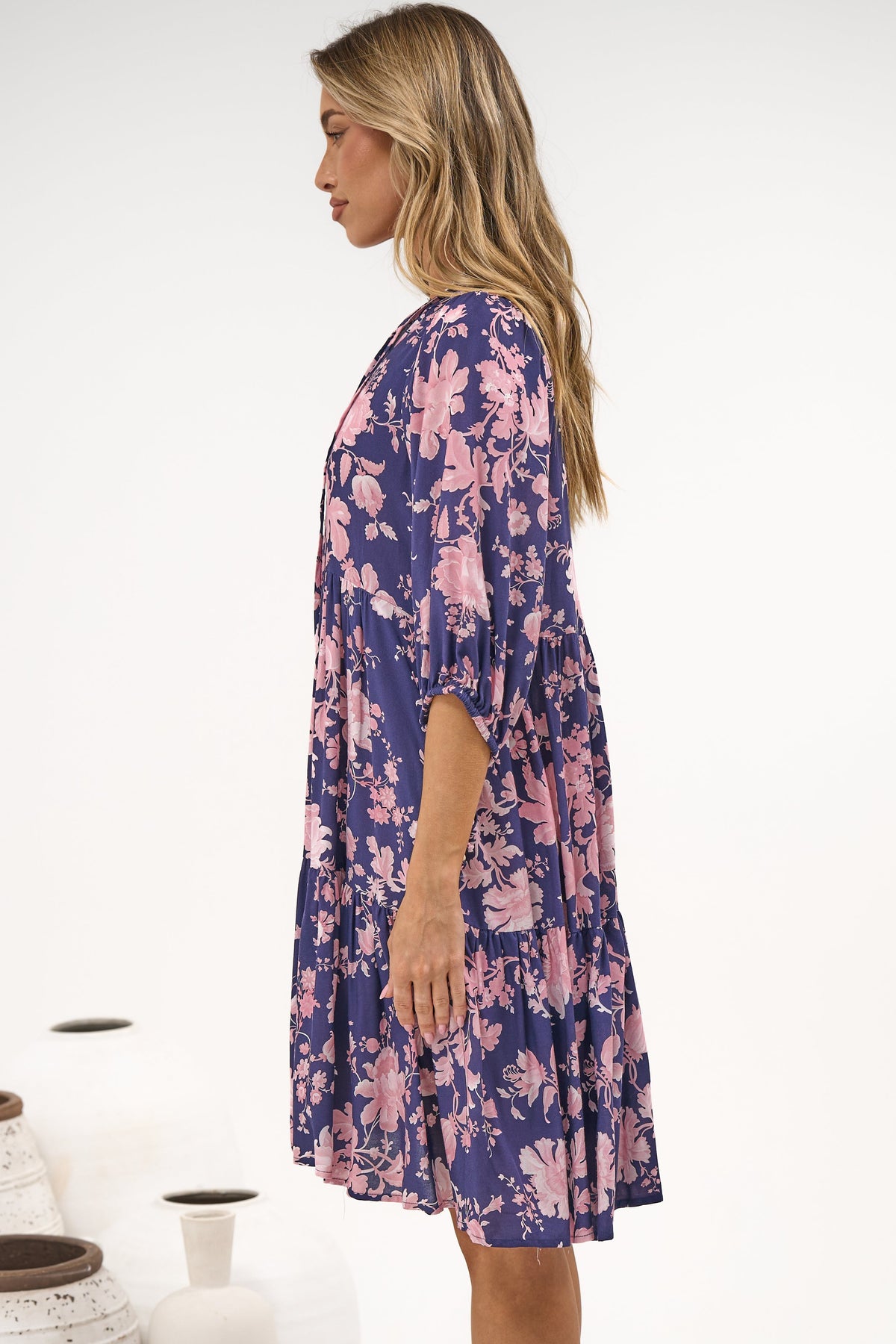Marah Mini Dress - Mandarin Collar Short Sleeve with Tie Smock Dress in Hollis Print Navy