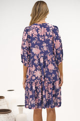 Marah Mini Dress - Mandarin Collar Short Sleeve with Tie Smock Dress in Hollis Print Navy