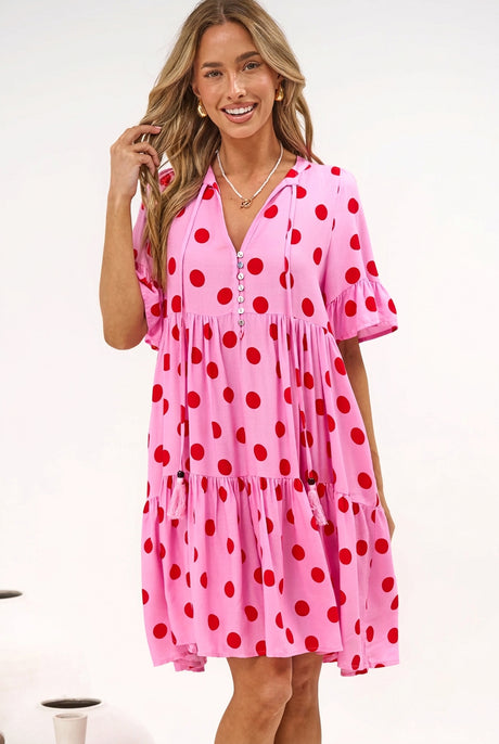 Abilia Mini Dress - Mandarin Collar Smock Dress in Connie Print Pink/Red
