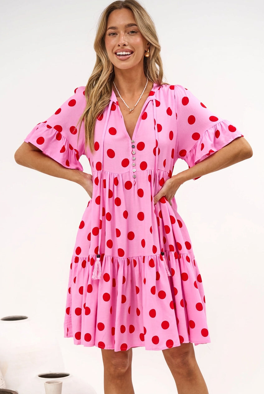 Abilia Mini Dress - Mandarin Collar Smock Dress in Connie Print Pink/Red