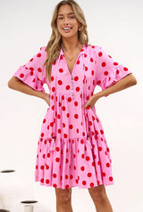 Abilia Mini Dress - Mandarin Collar Smock Dress in Connie Print Pink/Red