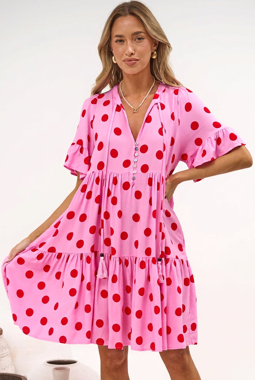 Abilia Mini Dress - Mandarin Collar Smock Dress in Connie Print Pink/Red