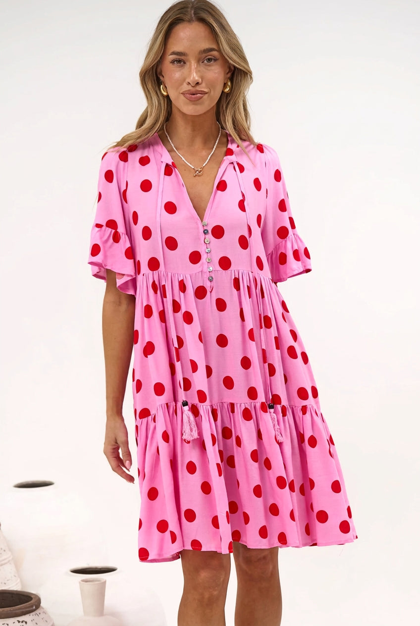 Abilia Mini Dress - Mandarin Collar Smock Dress in Connie Print Pink/Red