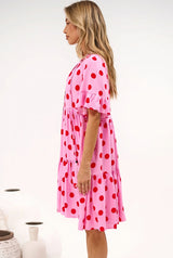 Abilia Mini Dress - Mandarin Collar Smock Dress in Connie Print Pink/Red