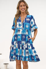 Abilia Mini Dress - Mandarin Collar Smock Dress in Serena Print Blue