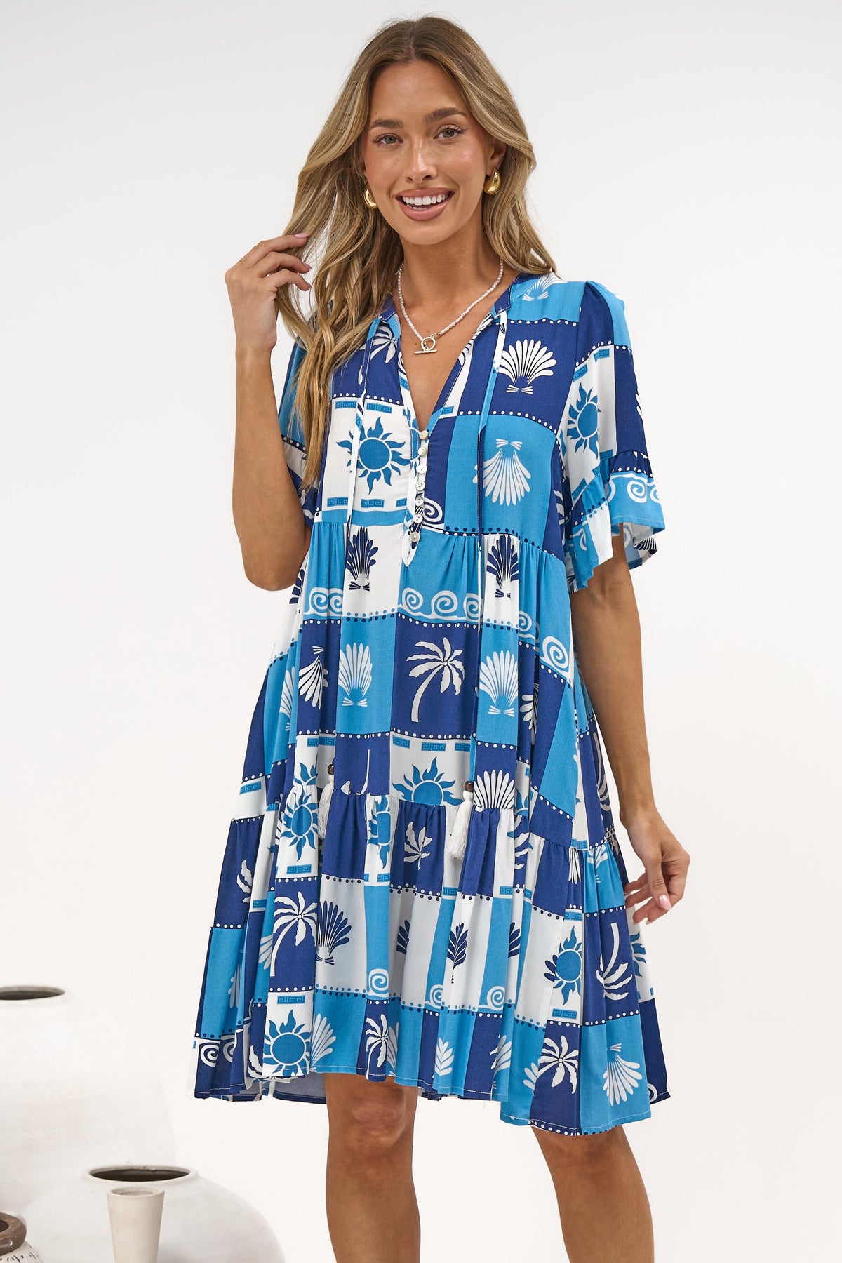 Abilia Mini Dress - Mandarin Collar Smock Dress in Serena Print Blue