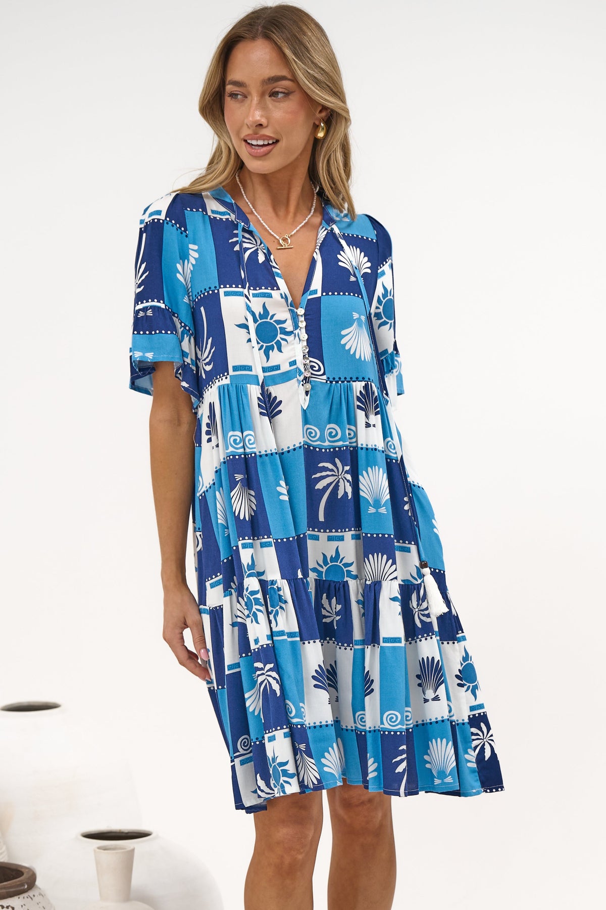 Abilia Mini Dress - Mandarin Collar Smock Dress in Serena Print Blue