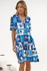 Abilia Mini Dress - Mandarin Collar Smock Dress in Serena Print Blue