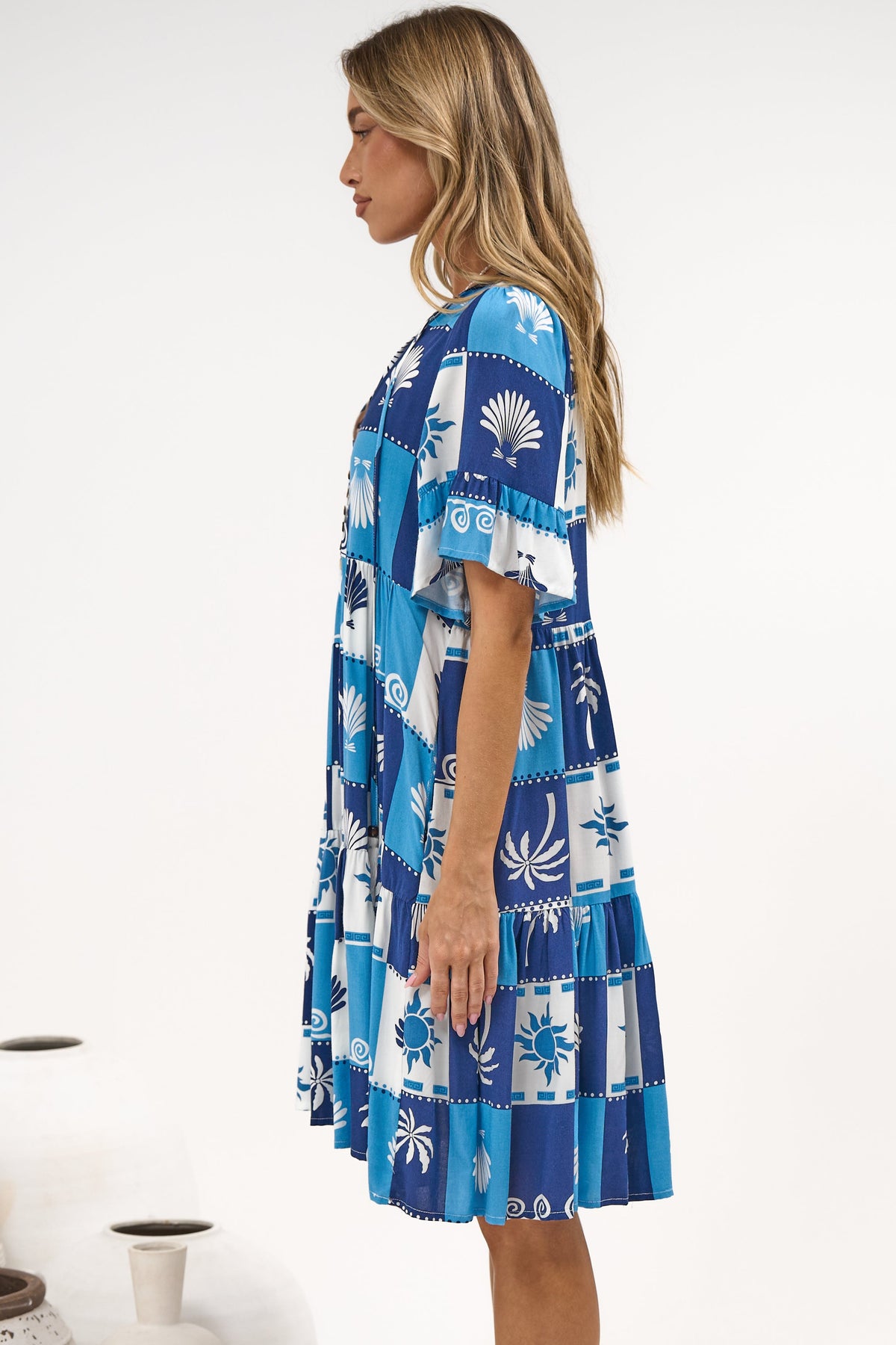 Abilia Mini Dress - Mandarin Collar Smock Dress in Serena Print Blue