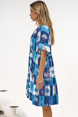 Abilia Mini Dress - Mandarin Collar Smock Dress in Serena Print Blue