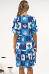 Abilia Mini Dress - Mandarin Collar Smock Dress in Serena Print Blue
