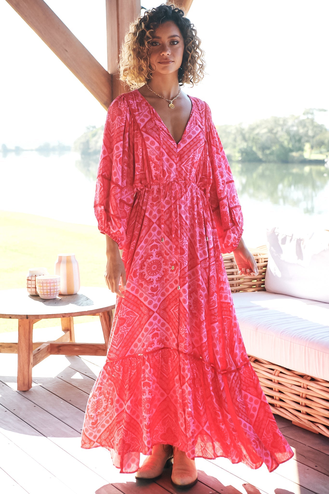 Catalonia Maxi Dress Batwing Sleeve Button Down Smock Dress Amore Print