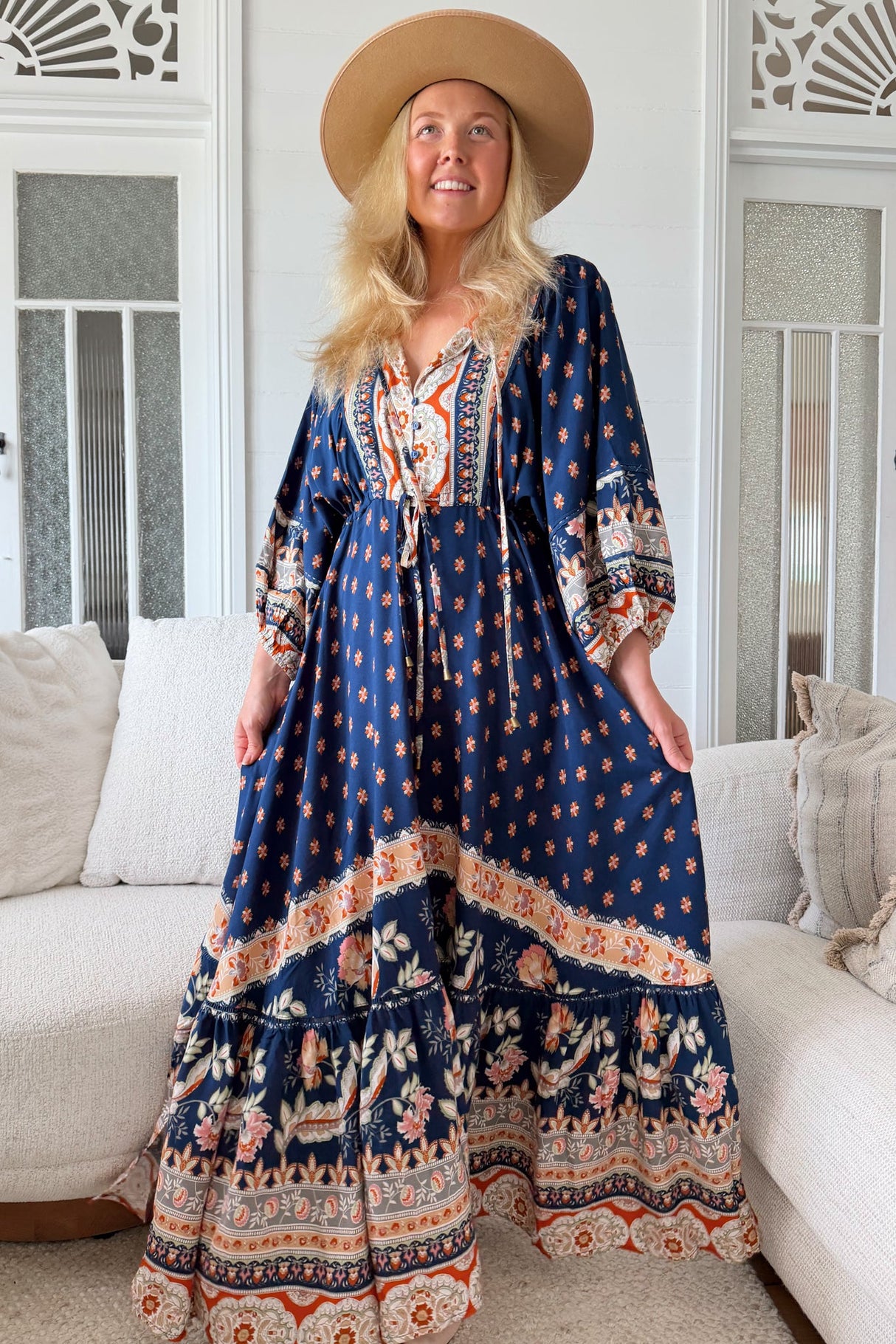 JAASE - Catalonia Maxi Dress: Batwing Sleeve Button Down Smock Dress in Asha Print