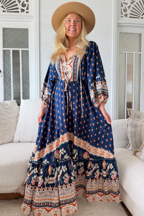 JAASE - Catalonia Maxi Dress: Batwing Sleeve Button Down Smock Dress in Asha Print