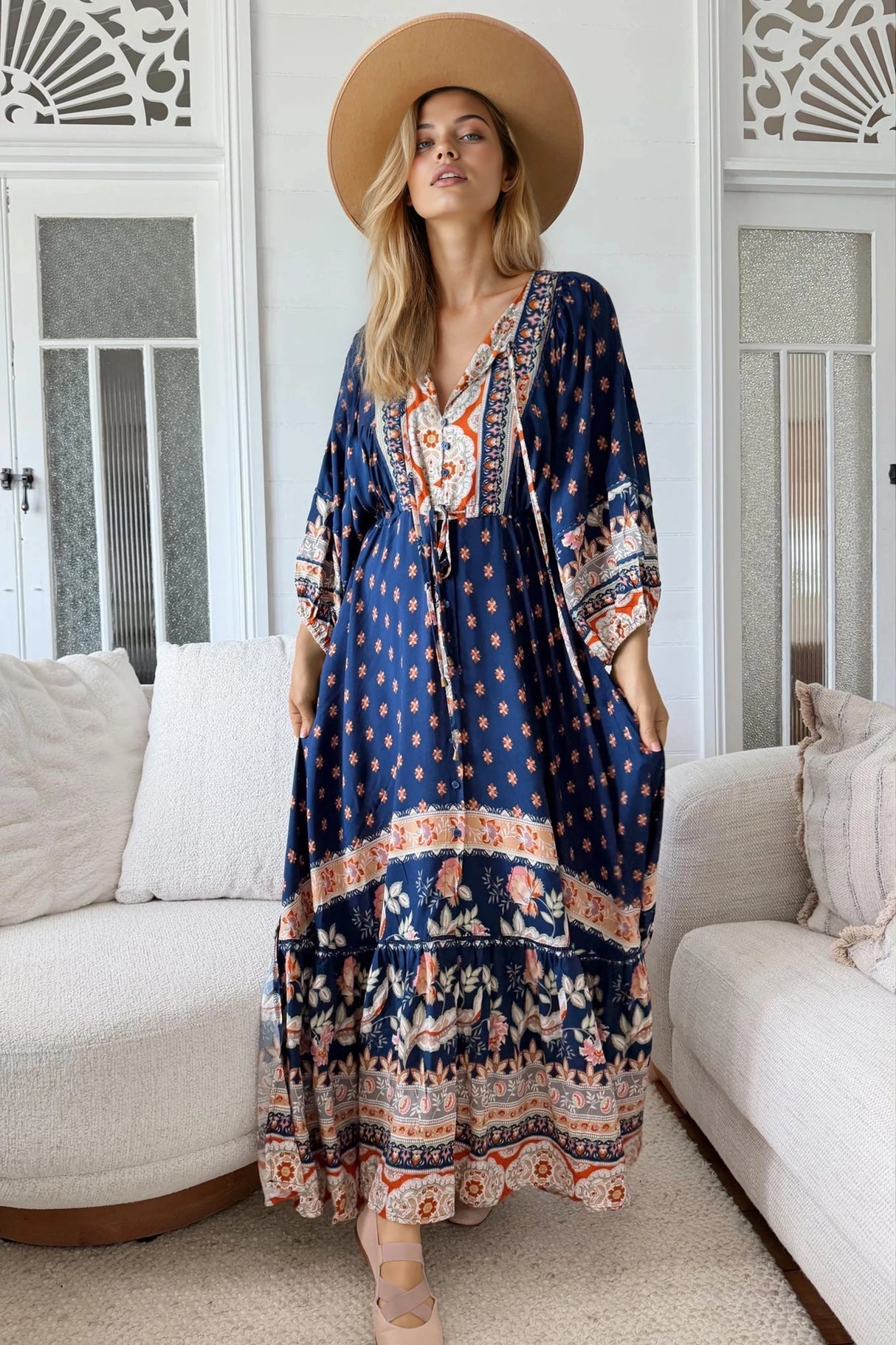 JAASE - Catalonia Maxi Dress: Batwing Sleeve Button Down Smock Dress in Asha Print