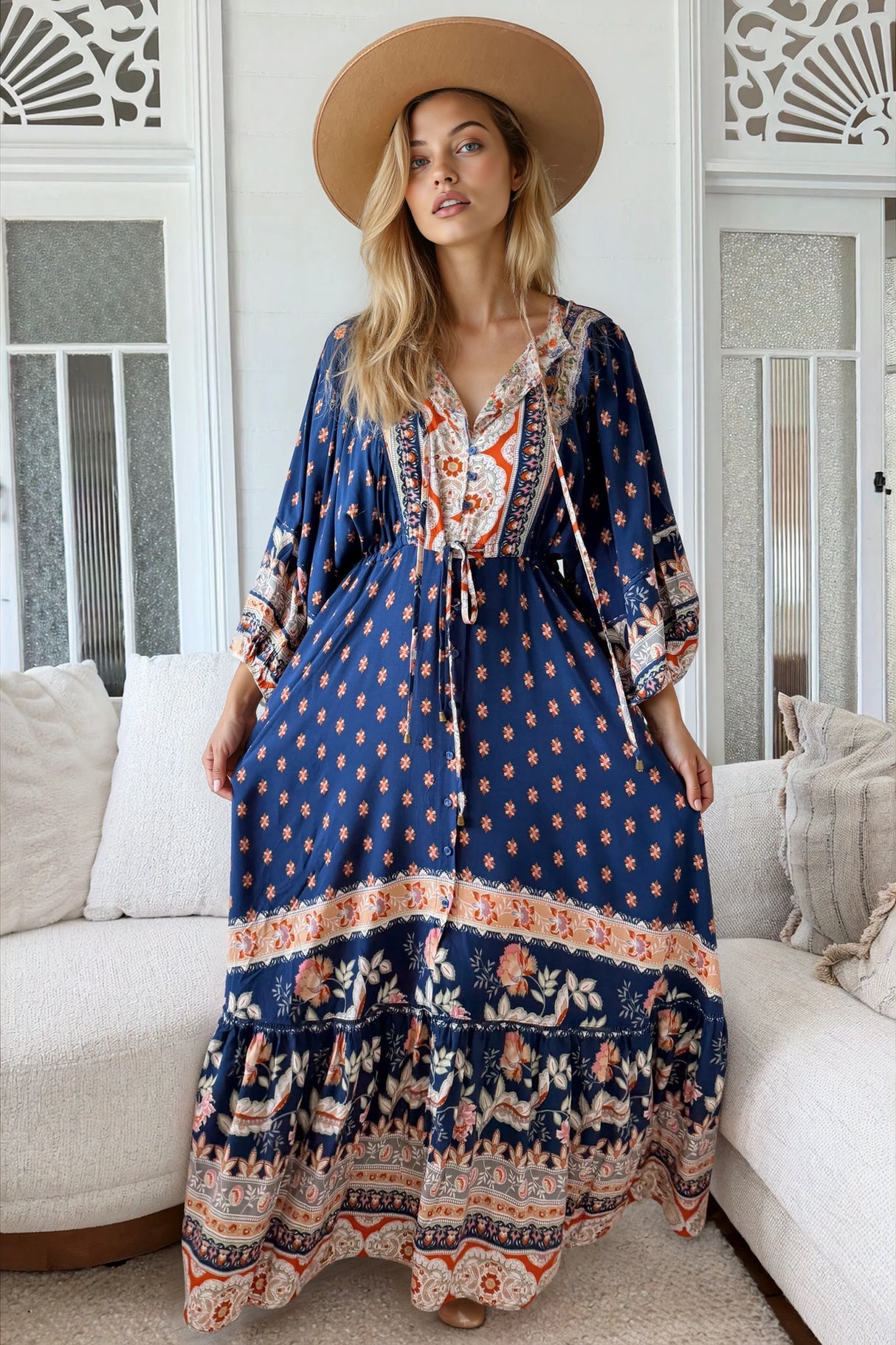JAASE - Catalonia Maxi Dress: Batwing Sleeve Button Down Smock Dress in Asha Print