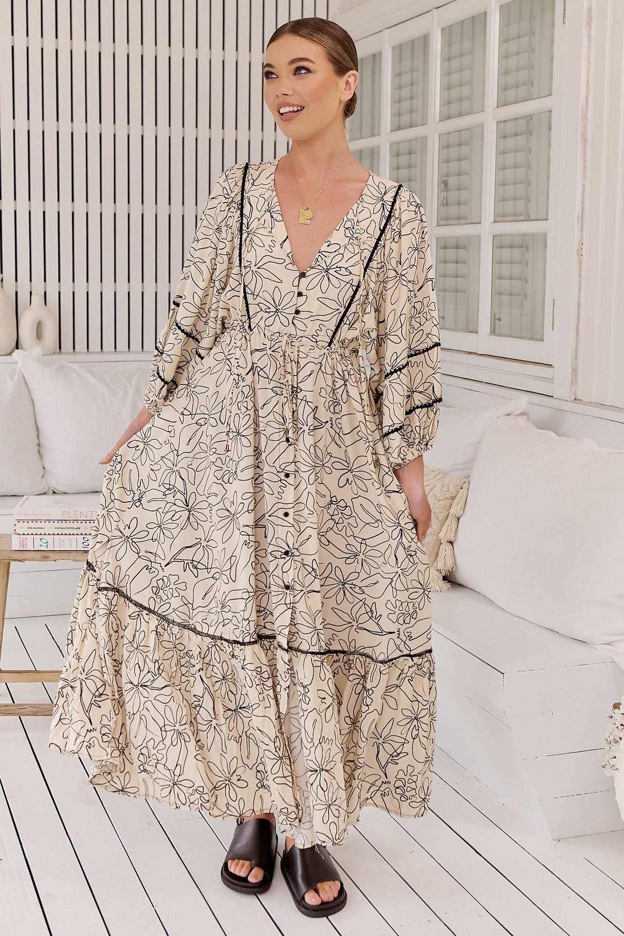 JAASE - Catalonia Maxi Dress: Batwing Sleeve Button Down Smock Dress in Eloise Print