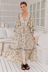 JAASE - Catalonia Maxi Dress: Batwing Sleeve Button Down Smock Dress in Eloise Print