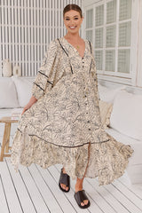 JAASE - Catalonia Maxi Dress: Batwing Sleeve Button Down Smock Dress in Eloise Print