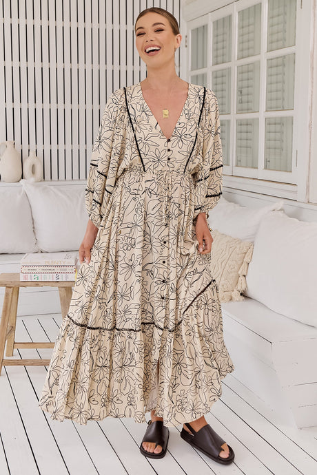 JAASE - Catalonia Maxi Dress: Batwing Sleeve Button Down Smock Dress in Eloise Print