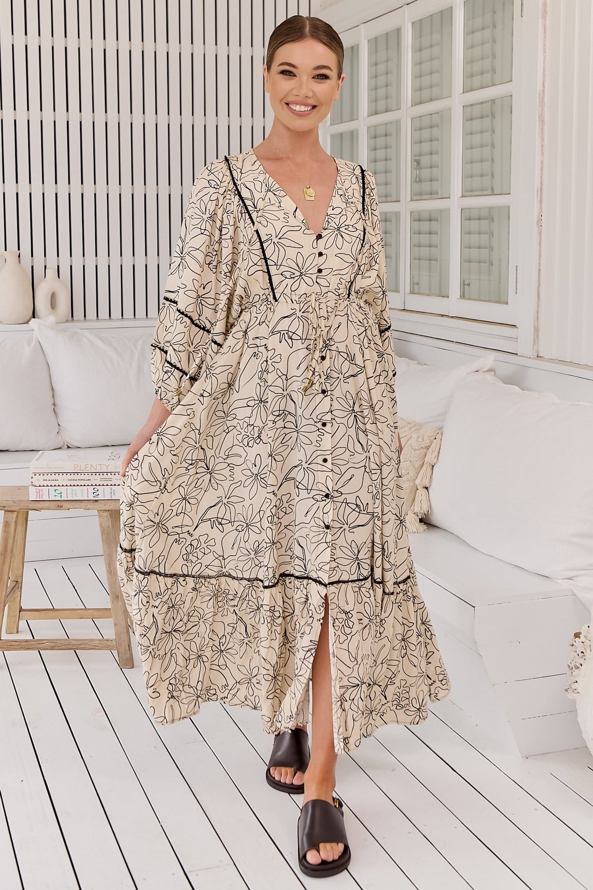 JAASE - Catalonia Maxi Dress: Batwing Sleeve Button Down Smock Dress in Eloise Print