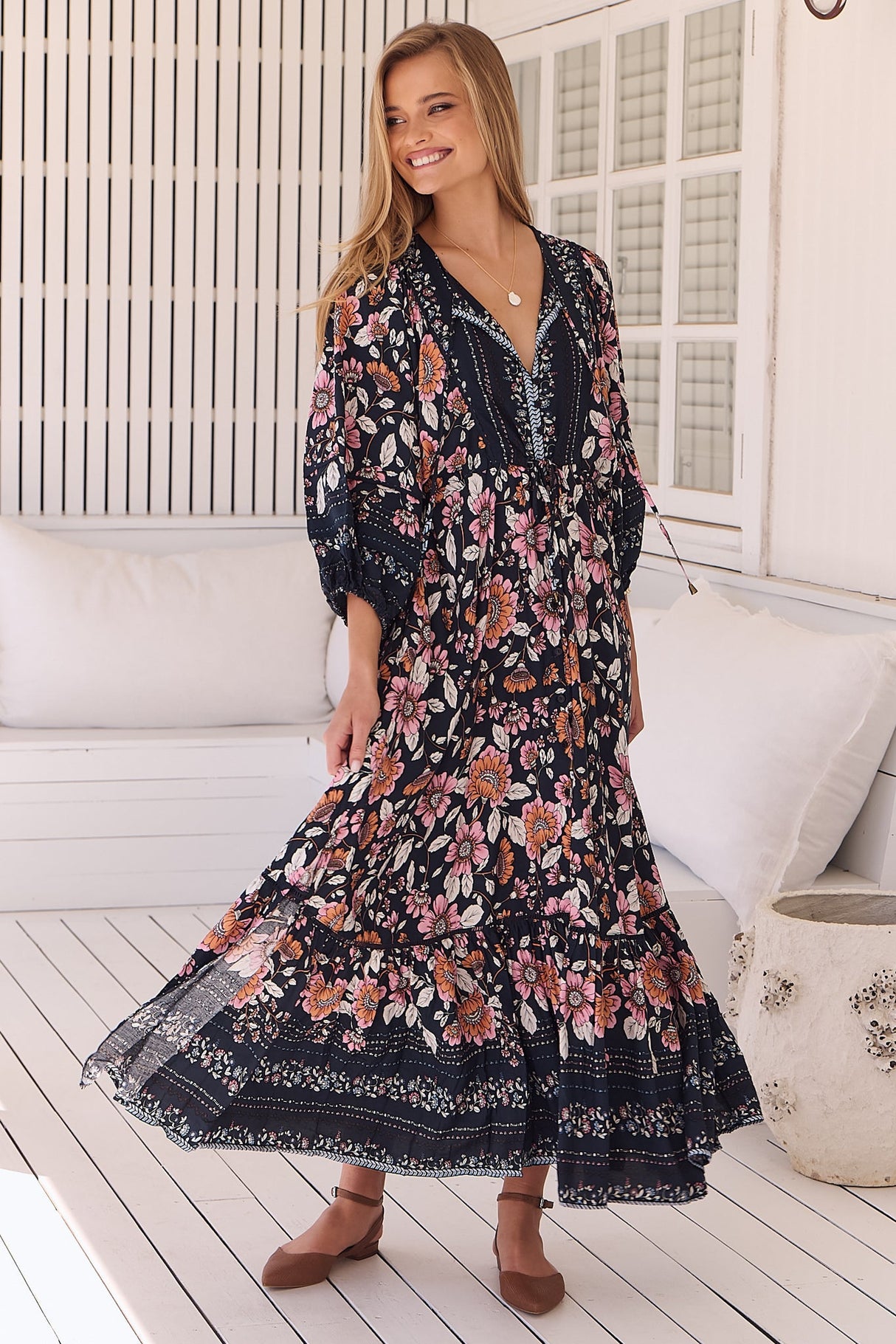 JAASE - Catalonia Maxi Dress: Batwing Sleeve Button Down Smock Dress in Shania Print