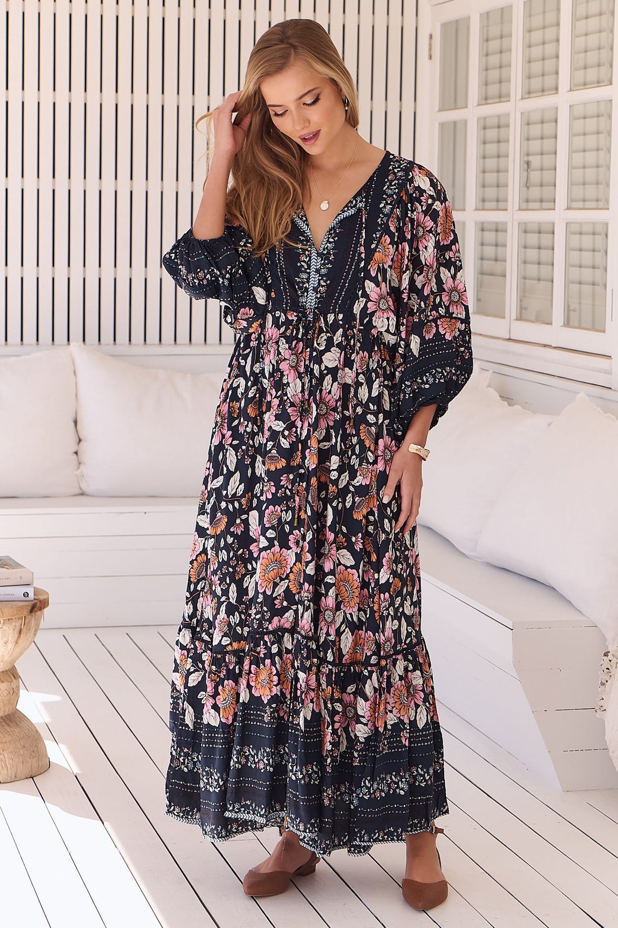 JAASE - Catalonia Maxi Dress: Batwing Sleeve Button Down Smock Dress in Shania Print