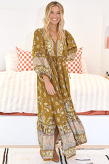 JAASE - Catalonia Maxi Dress: Batwing Sleeve Button Down Smock Dress in Emre Print