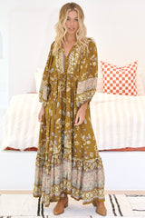 JAASE - Catalonia Maxi Dress: Batwing Sleeve Button Down Smock Dress in Emre Print