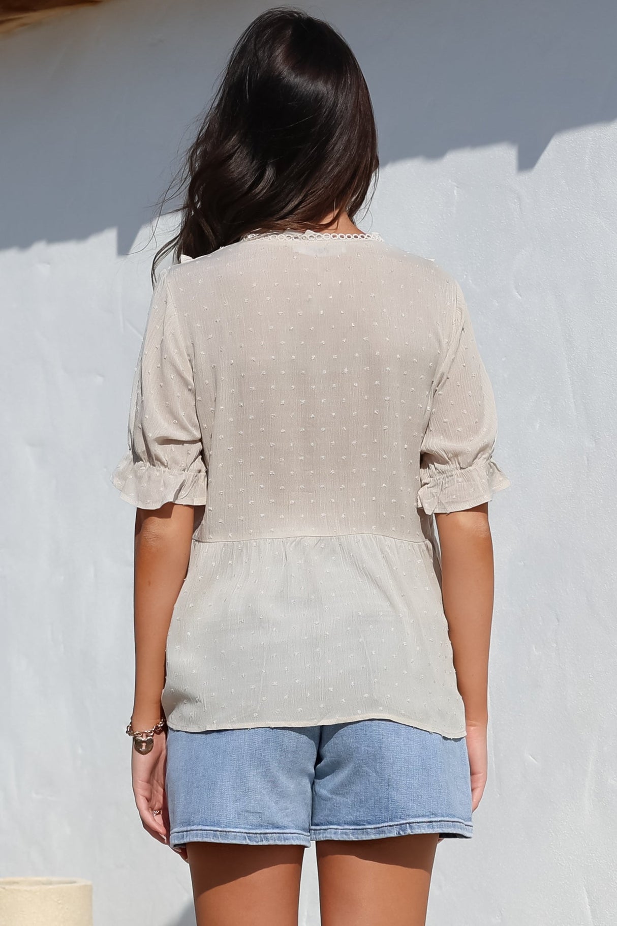 Catha Top - Frill Neckline Empire Bustline Top with Short Balloon Sleeves in Beige