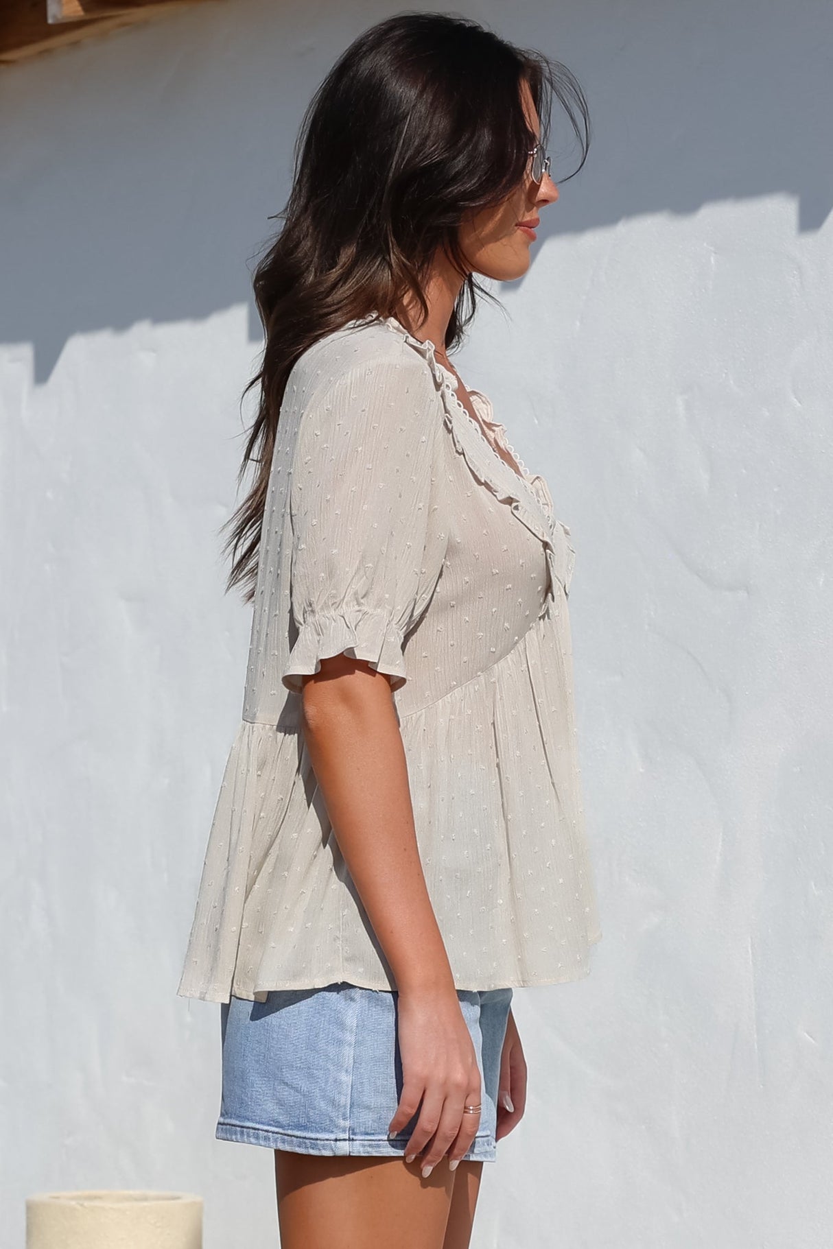 Catha Top - Frill Neckline Empire Bustline Top with Short Balloon Sleeves in Beige