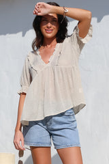 Catha Top - Frill Neckline Empire Bustline Top with Short Balloon Sleeves in Beige