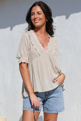 Catha Top - Frill Neckline Empire Bustline Top with Short Balloon Sleeves in Beige