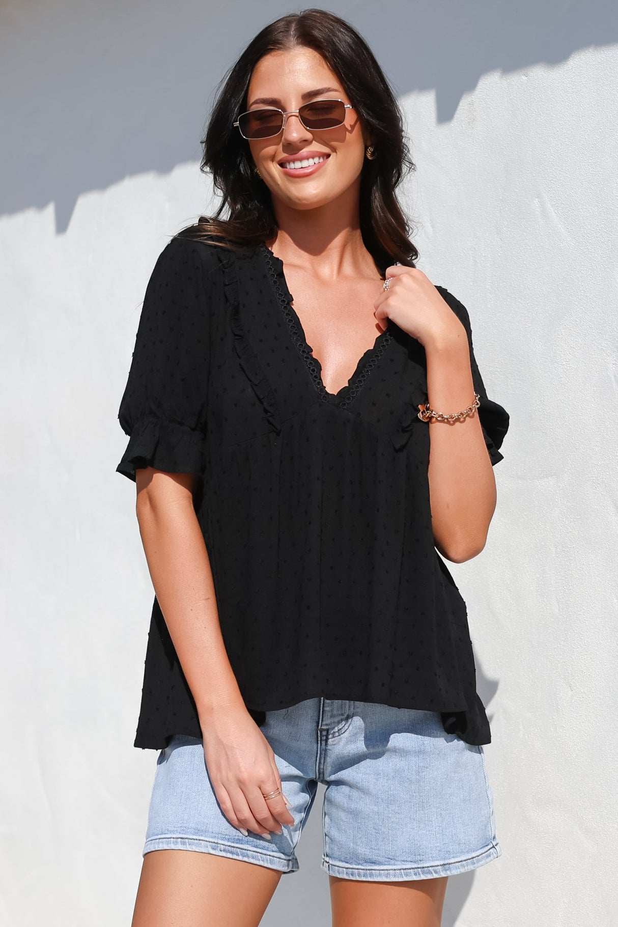 Catha Top - Frill Neckline Empire Bustline Top with Short Balloon Sleeves in Black