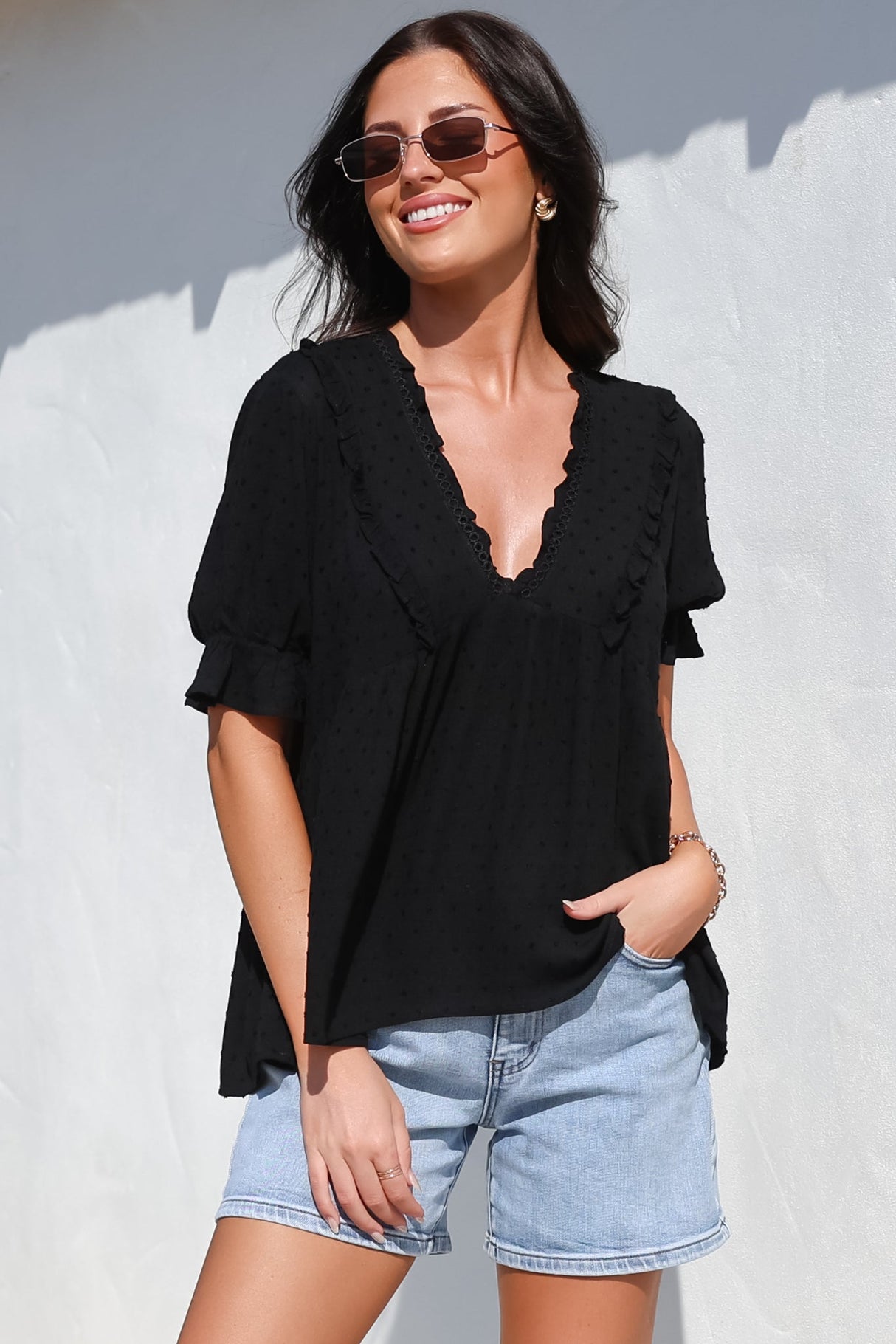 Catha Top - Frill Neckline Empire Bustline Top with Short Balloon Sleeves in Black