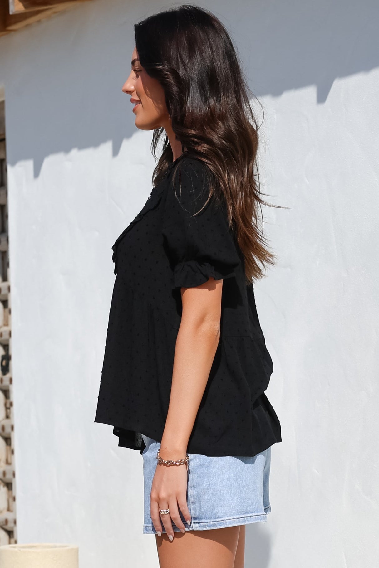 Catha Top - Frill Neckline Empire Bustline Top with Short Balloon Sleeves in Black